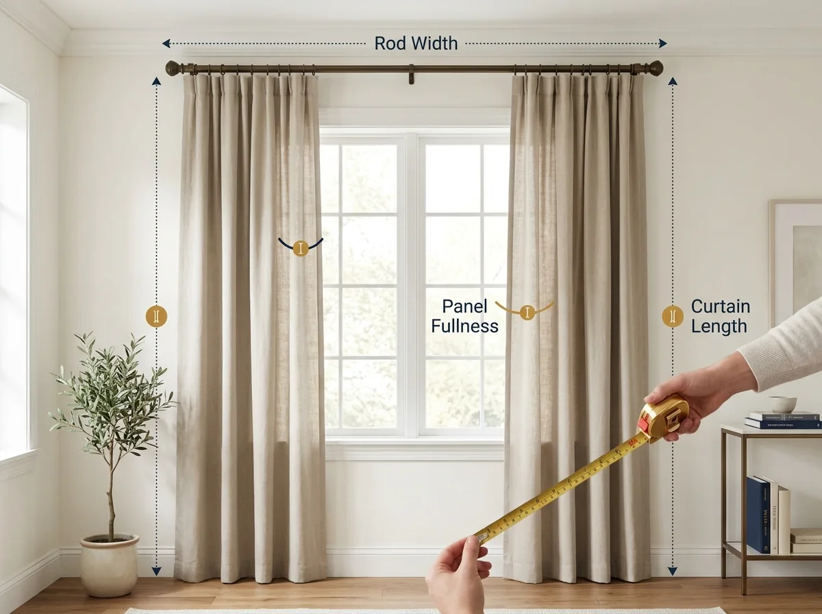 Curtain size calculator window measurement with rod width, panel fullness and floor length