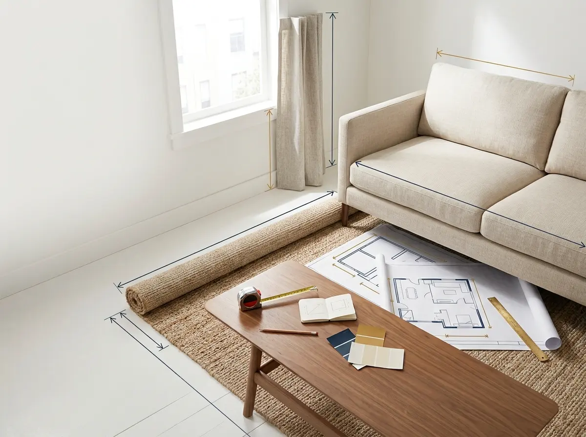 HomeStyle Calculator room size planning with rug, sofa, curtains and paint measurements