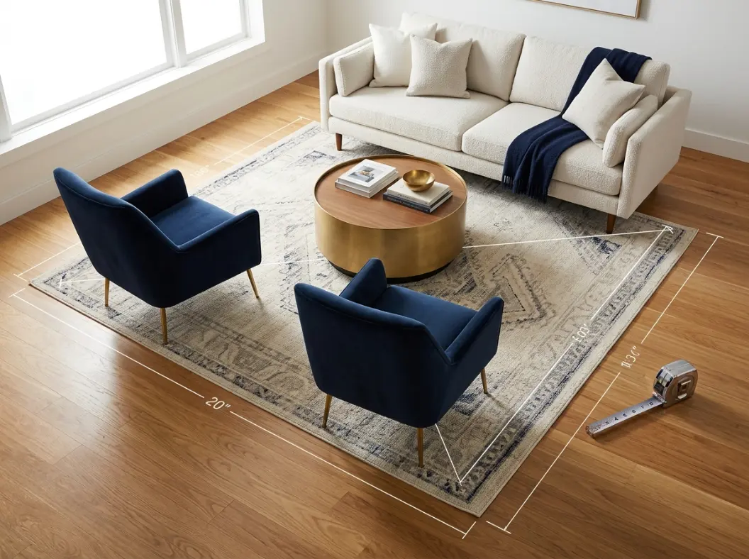 Rug size calculator showing a living room seating layout with front legs on rug