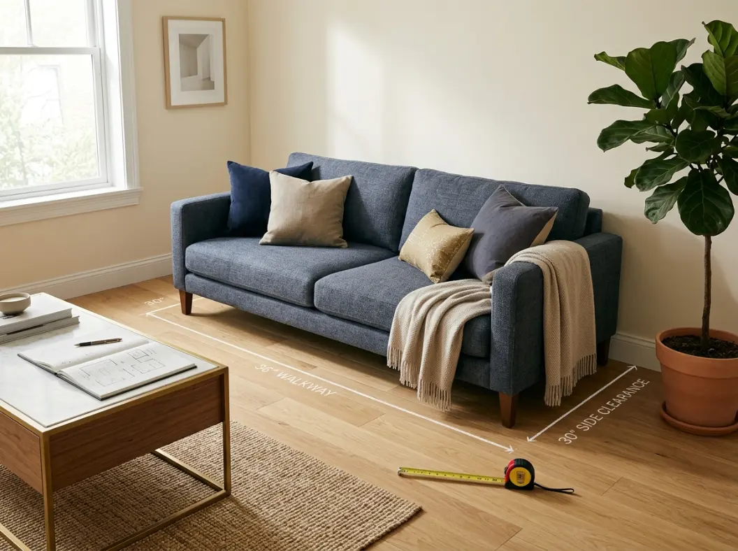 Sofa size calculator living room clearance with walkway spacing and wall length