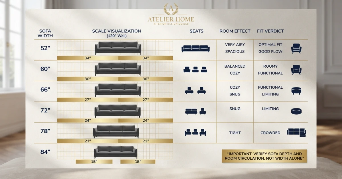 Sofa for 10x10 room size chart from 52 to 84 inches