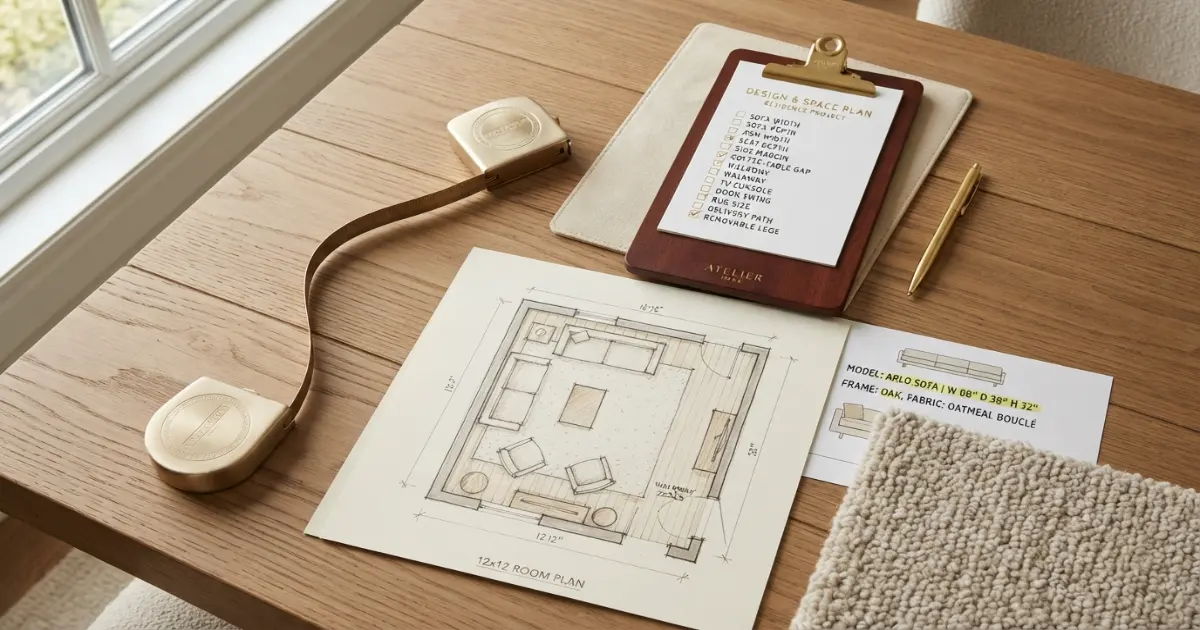 Sofa for 12x12 room buying checklist with rug table walkway and delivery measurements
