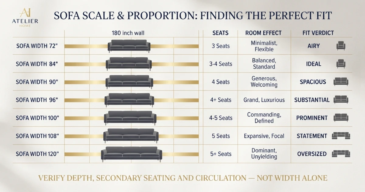 Sofa for 15x15 room size chart from 72 to 120 inches