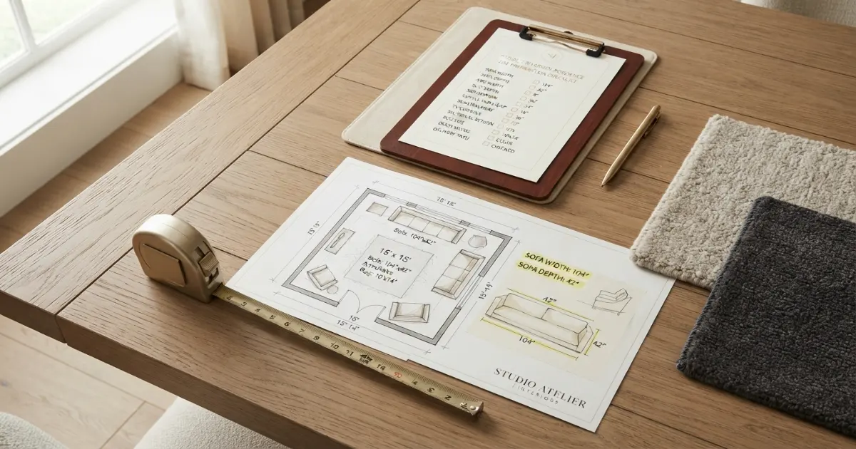 Sofa for 15x15 room buying checklist with rug sectional walkway and delivery measurements