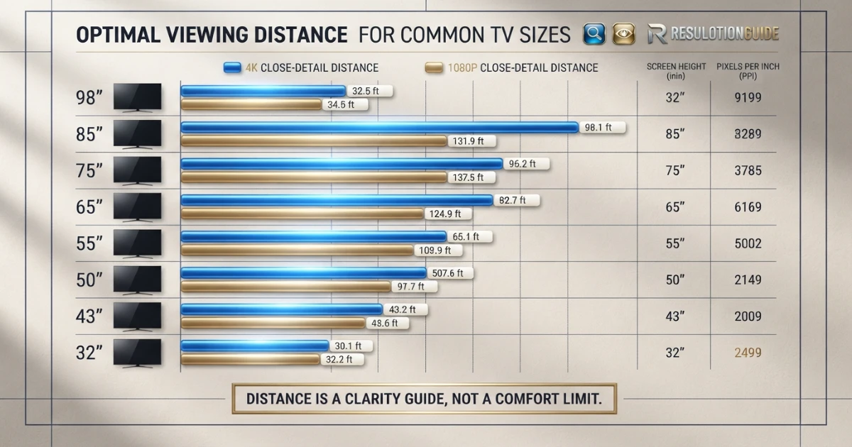 4K viewing distance chart compared with 1080p by TV size