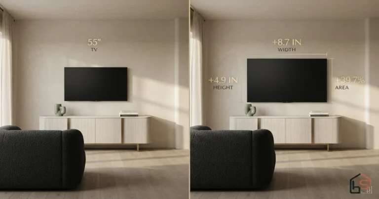 55 vs 65 inch TV split‑view showing real size difference in a refined living room