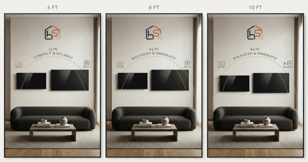 55 vs 65 inch TV viewing distance comparison at 6 8 and 10 feet