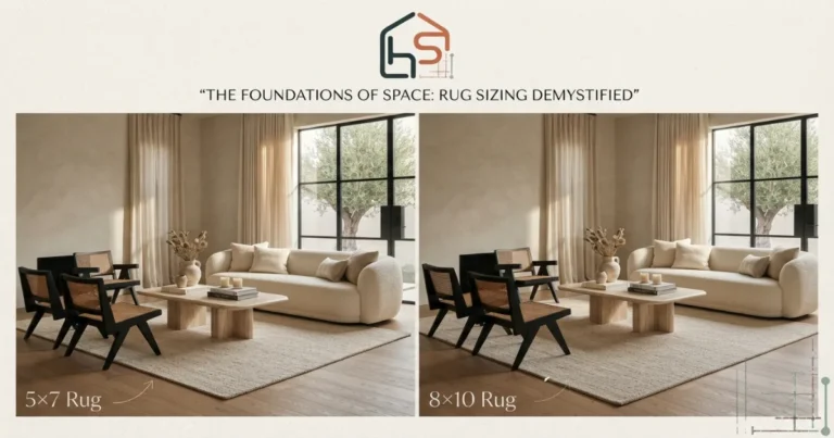 5x7 vs 8x10 rug size comparison in a luxury living room showing furniture placement and coverage differences