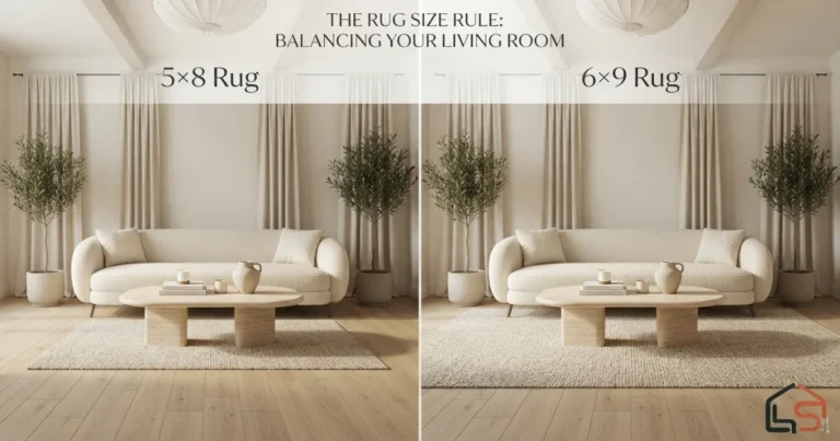 5x8 vs 6x9 rug size comparison in a luxury living room showing furniture placement and rug coverage differences