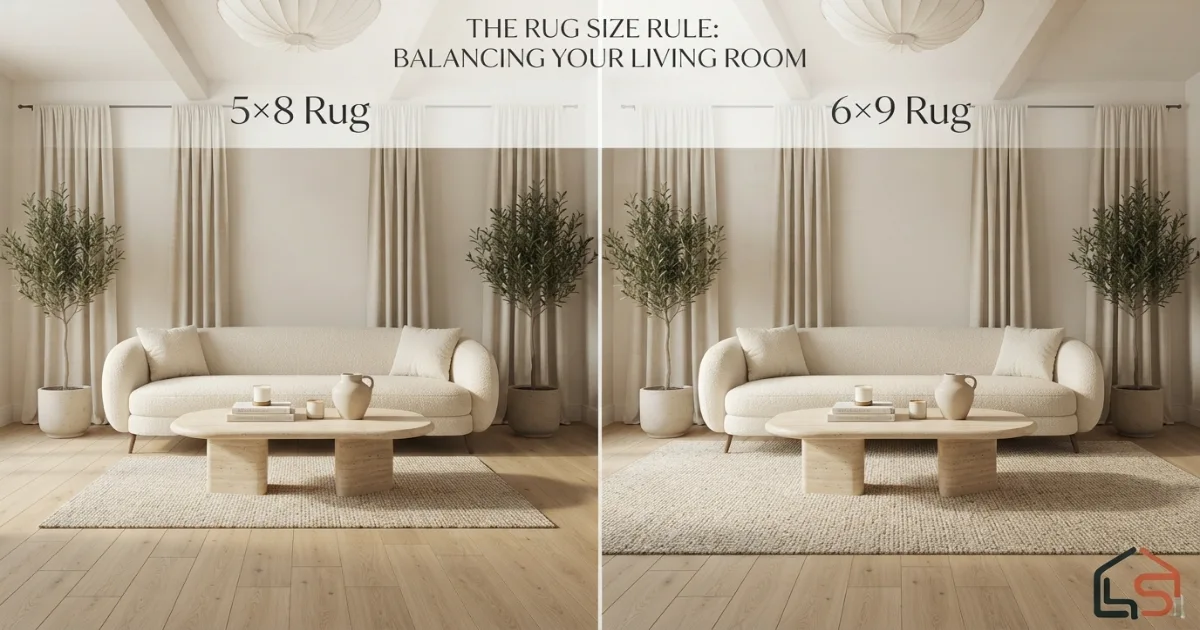 5x8 vs 6x9 rug size comparison in a furnished room