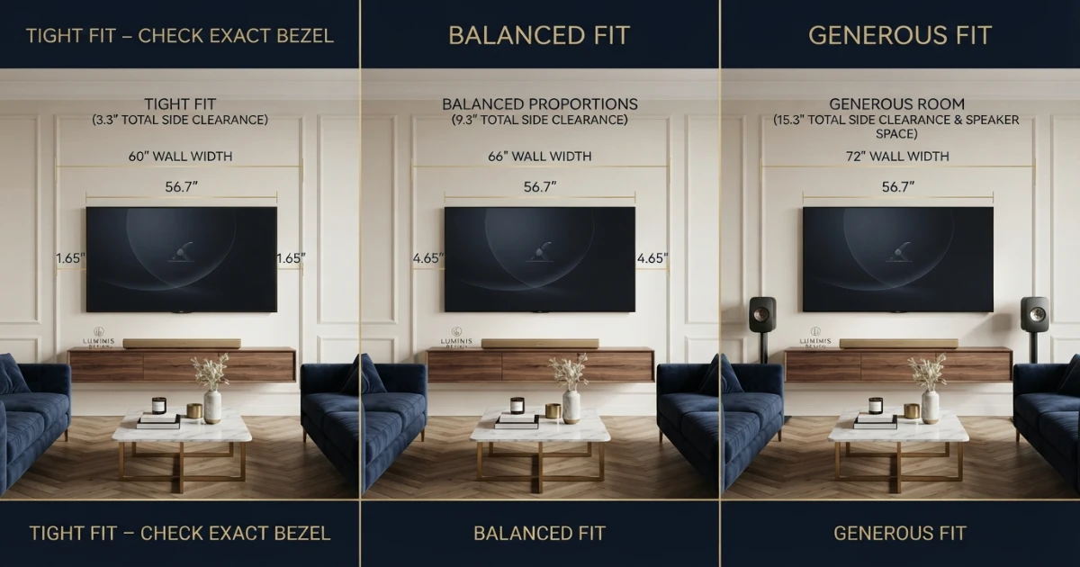 How wide is a 65 inch TV on 60 66 and 72-inch walls