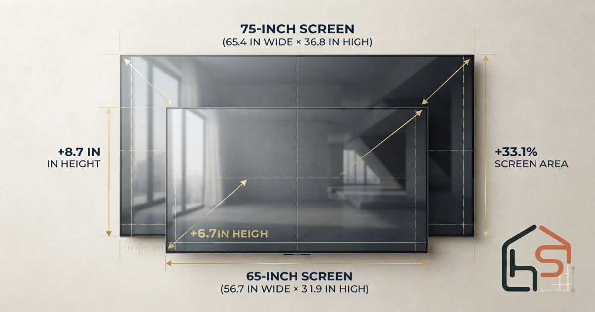 65 vs 75 inch TV dimensions showing width height and 33 percent area difference
