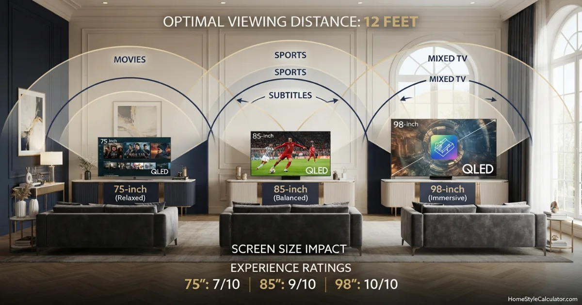 TV size for 12 feet comparison of 75 85 and 98-inch screens