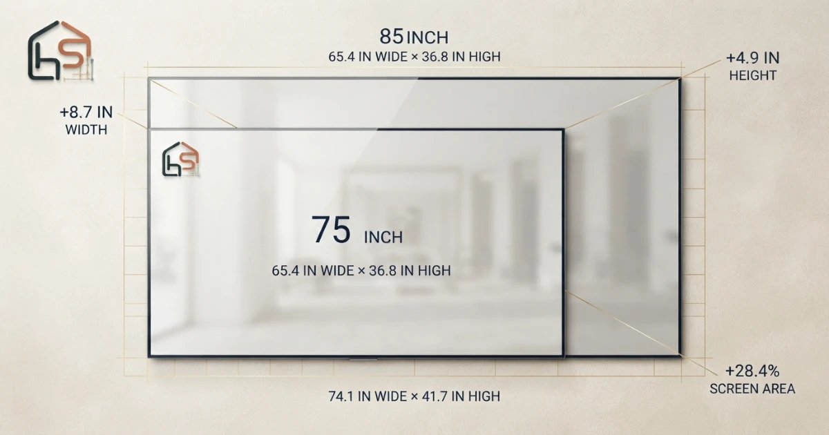 75 vs 85 inch TV dimensions showing width height and 28.4 percent area difference
