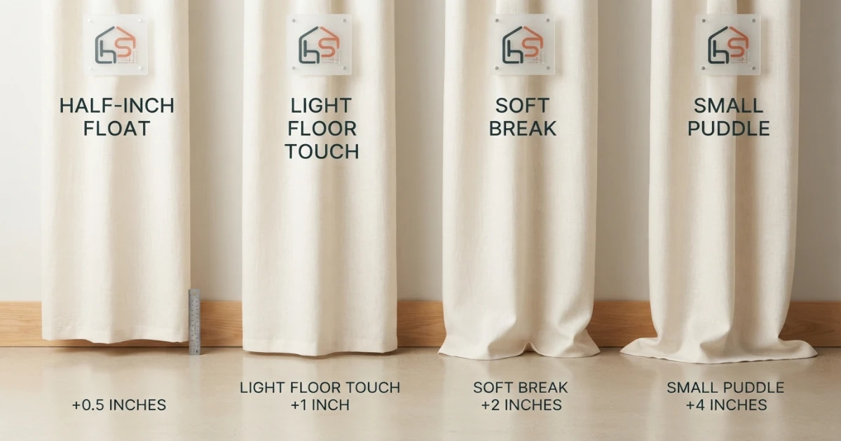 Float touch break and puddle curtain finishes for 84 vs 96 inch curtains