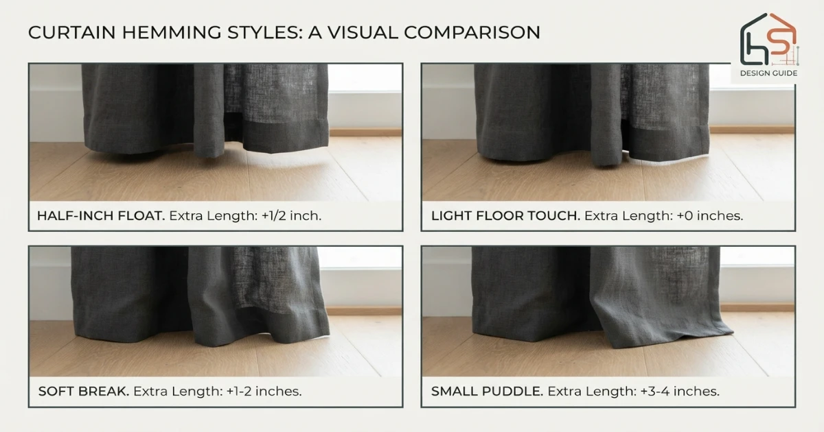 Float touch break and puddle curtain finishes for 96 vs 108 inch curtains