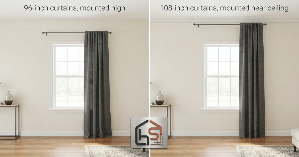 96-inch and 108-inch curtains compared by mounting height and floor finish