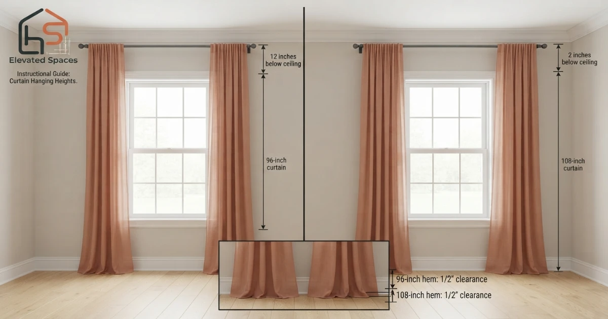Curtains for 9 ft ceiling showing 96 versus 108-inch panel placement