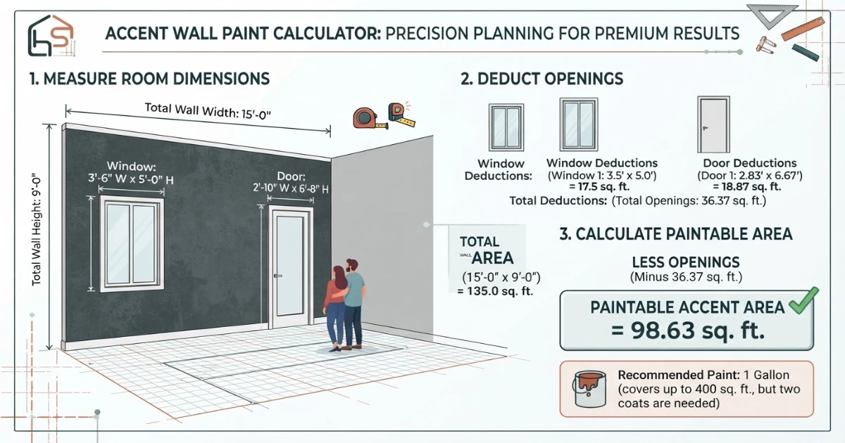 Accent wall calculator comparing paint, wallpaper, wood slat and peel-and-stick tile