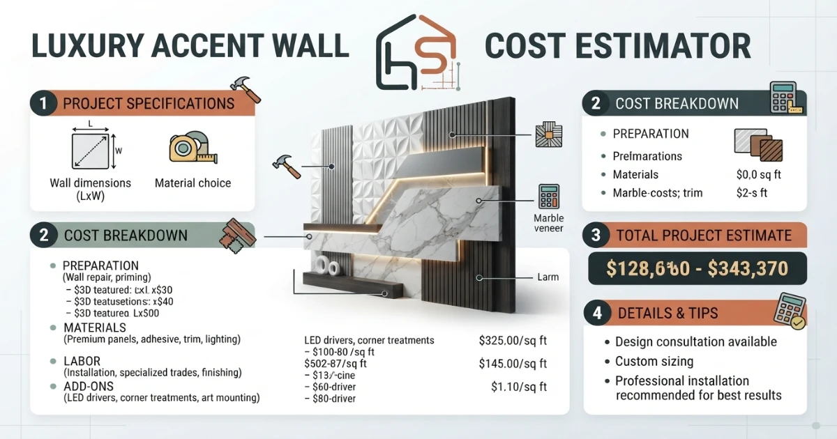 Accent wall calculator showing wall width, height and door/window deduction