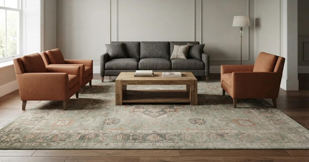 Living room rug with all sofa and chair legs resting on the rug