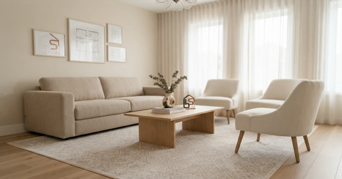 Rug size for small living room with light tonal pattern and balanced furniture scale