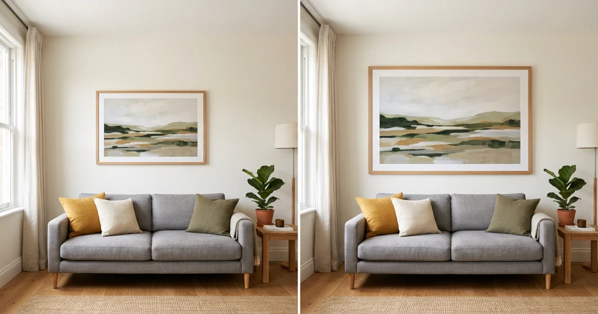 Wall art size calculator comparing 60 and 75 percent width ratios on a wall