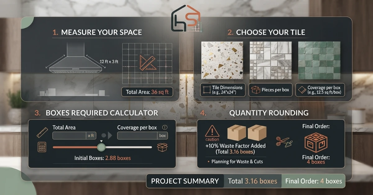 Backsplash calculator showing tile boxes and coverage per box