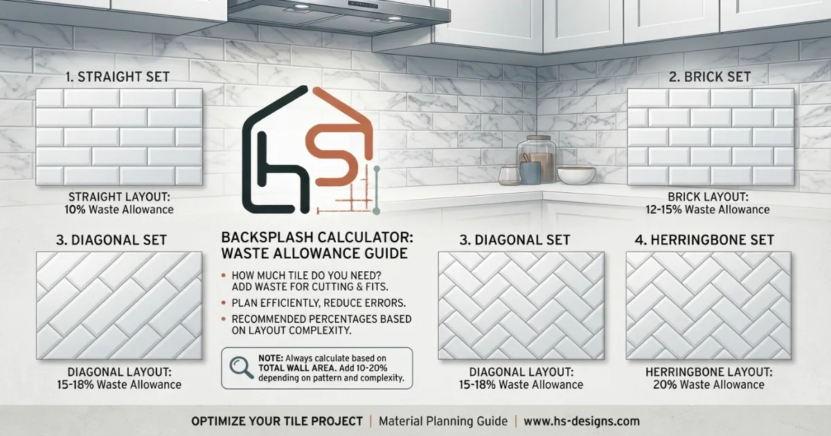 Backsplash calculator illustrating waste allowance percentage for tile cuts