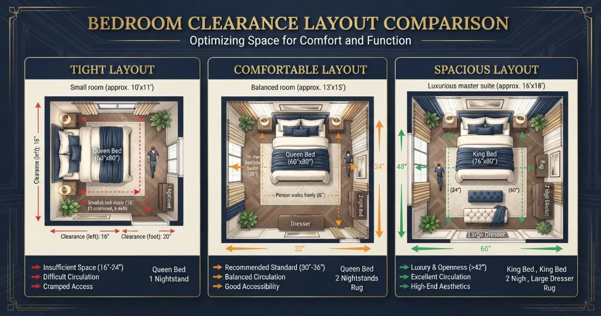 Bed size calculator comparing tight, comfortable and spacious clearance levels