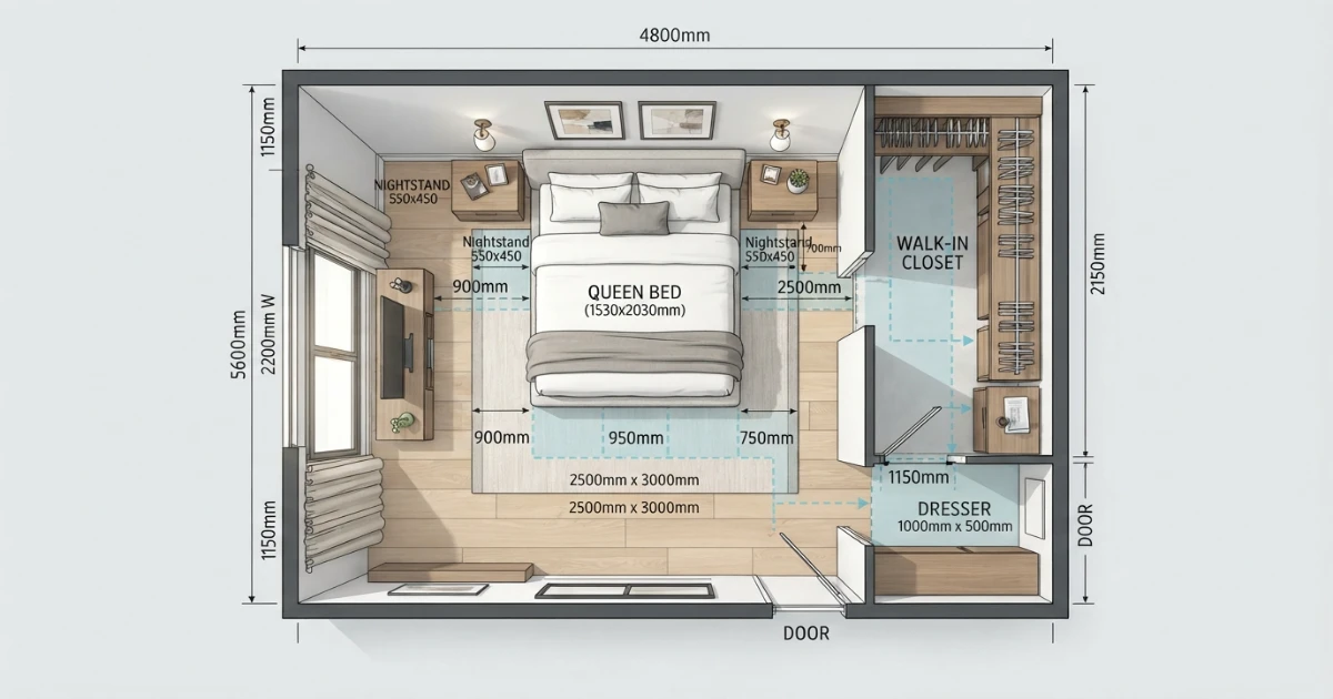 Bed size calculator room measurement with width, length and clearance zones