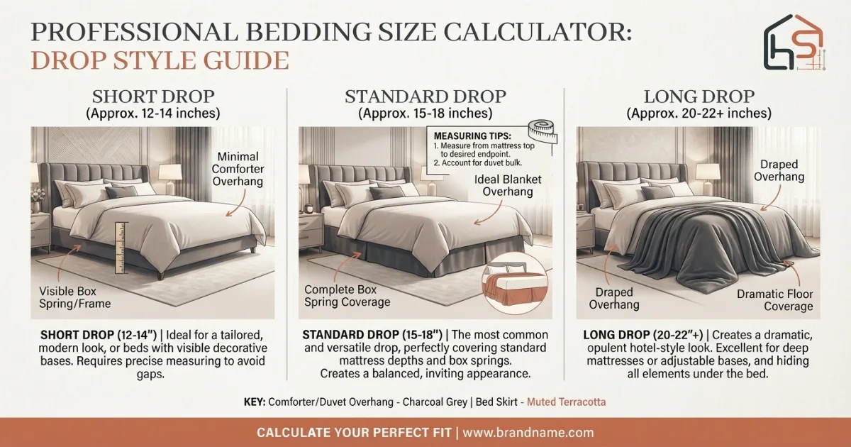 Bedding size calculator comparing short, standard and long drop styles