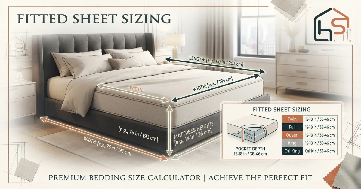 Bedding size calculator showing mattress width, length and height measurement