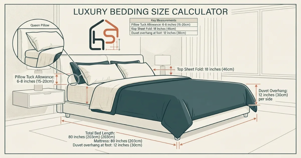 Bedding size calculator illustrating pillow tuck allowance at the head of the bed