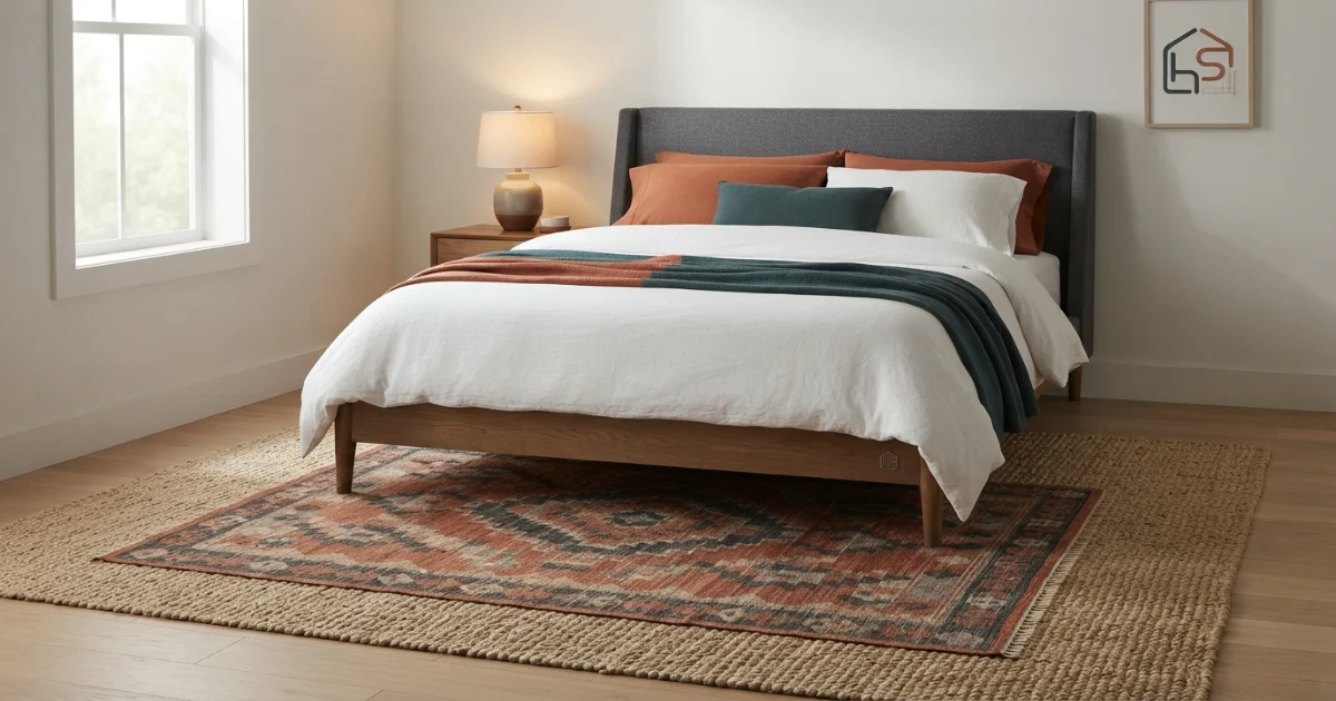 Layering rugs sizes under a queen bed with a neutral base and smaller top rug