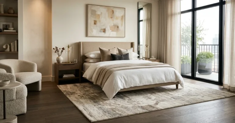 Queen bed with an 8x10 rug centered underneath