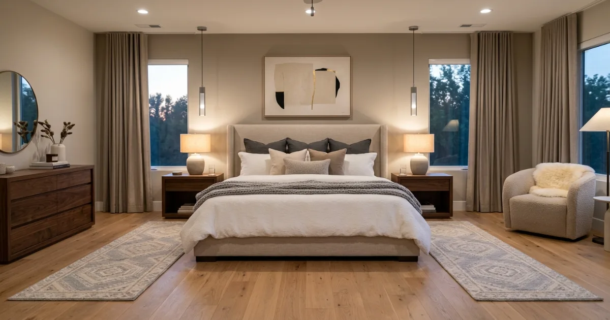 Bedroom rug size guide side runner layout beside a king bed
