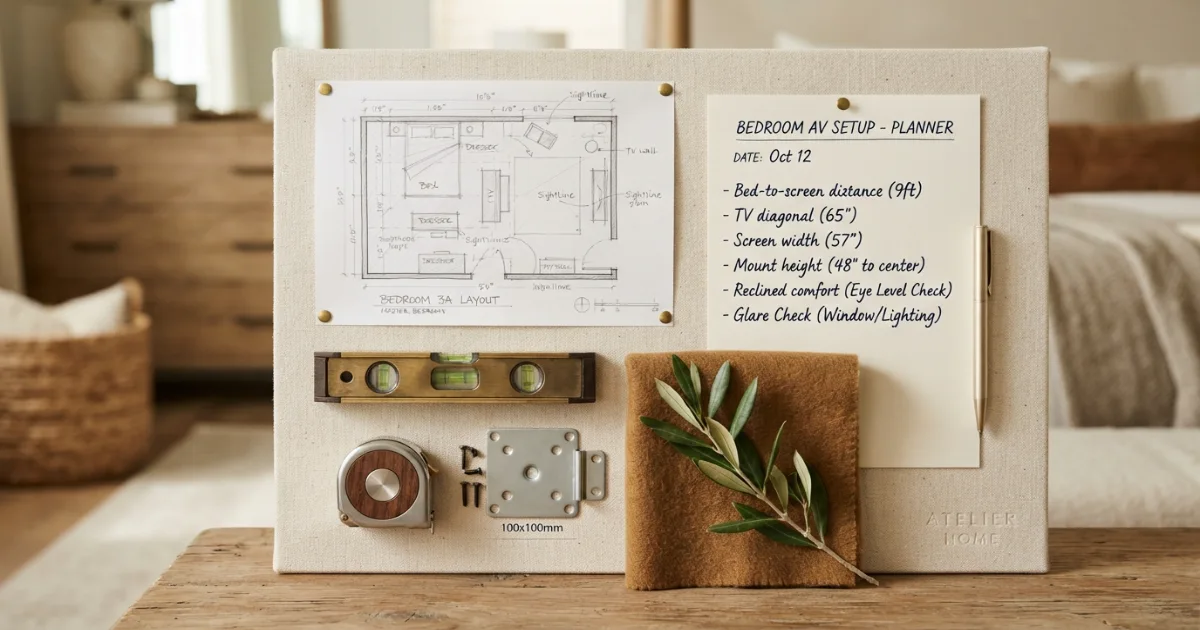 Bedroom TV size buying checklist with bed distance mounting height and dresser fit