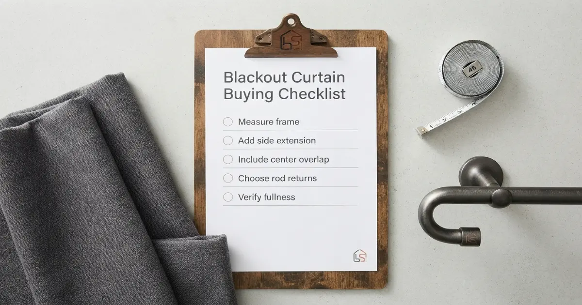 Blackout curtain buying checklist for rod width overlap fullness panel count length and return hardware