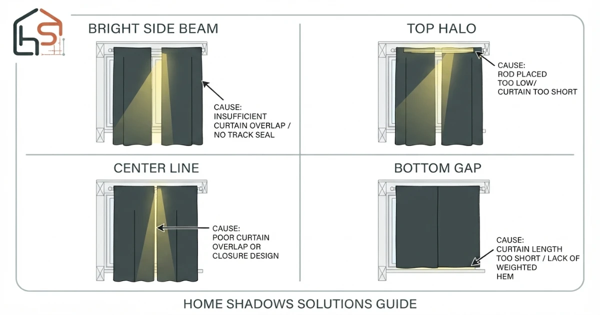 Blackout curtain light gap troubleshooting showing side beam top halo center line and bottom gap