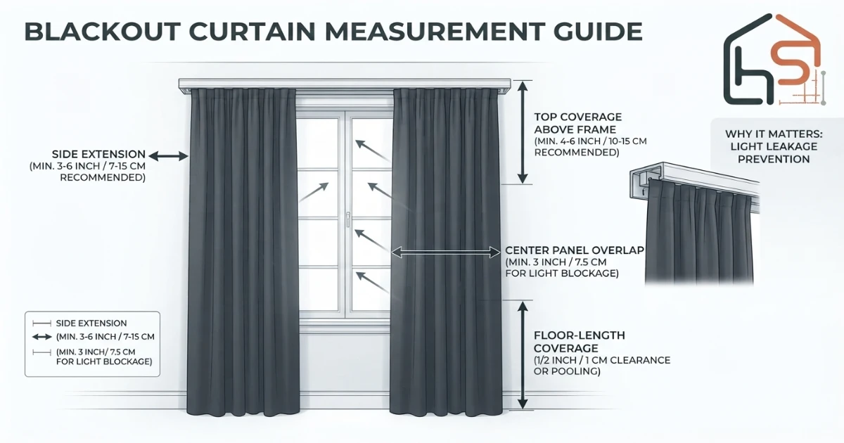 Blackout curtain overlap rules infographic showing side top bottom and center coverage