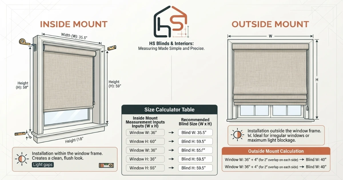 Blinds size calculator illustrating inside mount versus outside mount blind sizing