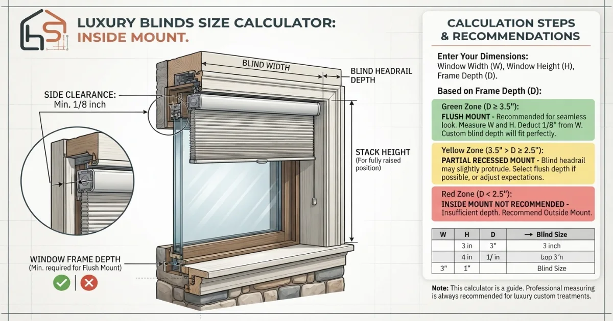 Blinds size calculator showing recommended mounting depth for inside mount blinds