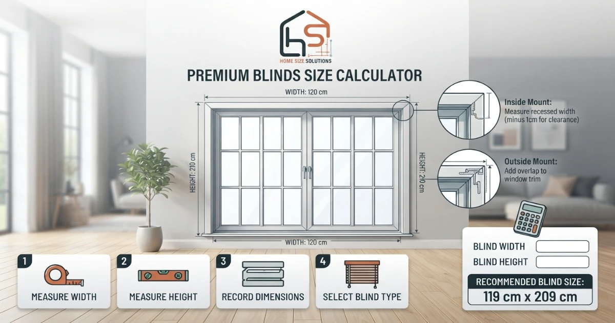 Blinds size calculator showing how to measure window frame width and height