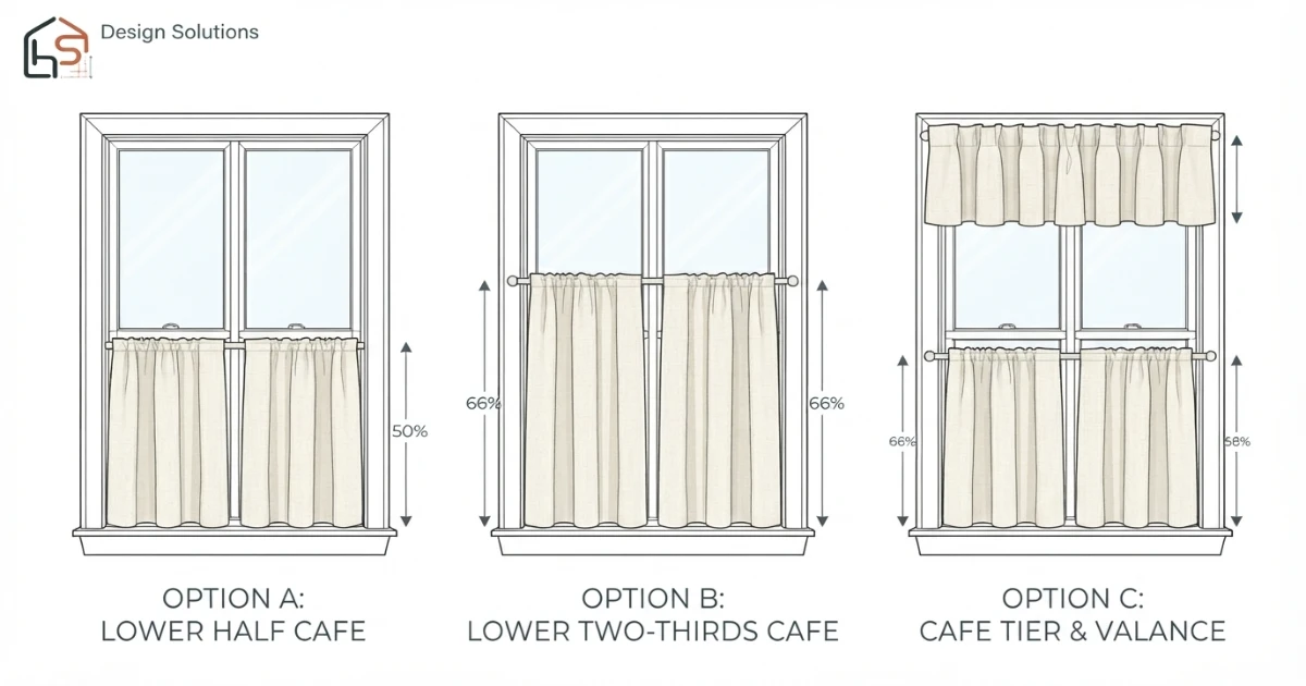 Cafe curtain layout options showing half coverage two thirds coverage valance pairing and sill clearance