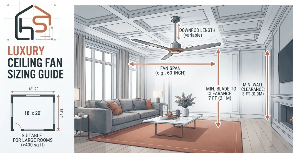 Ceiling fan size calculator showing final blade height and wall clearance