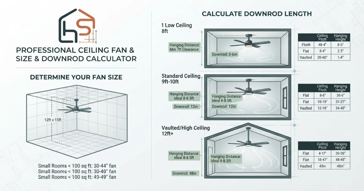 Ceiling fan size calculator illustrating downrod length for different ceiling heights