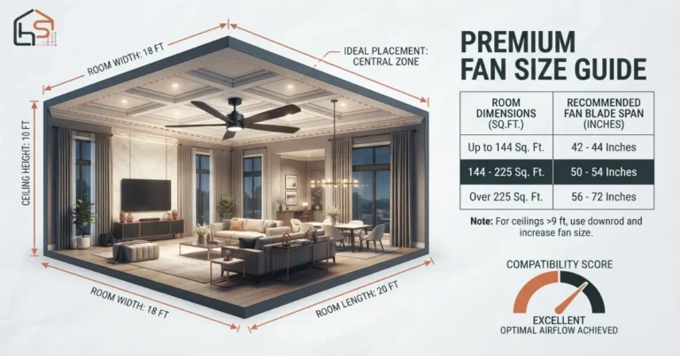Ceiling fan size calculator room measurement guide.