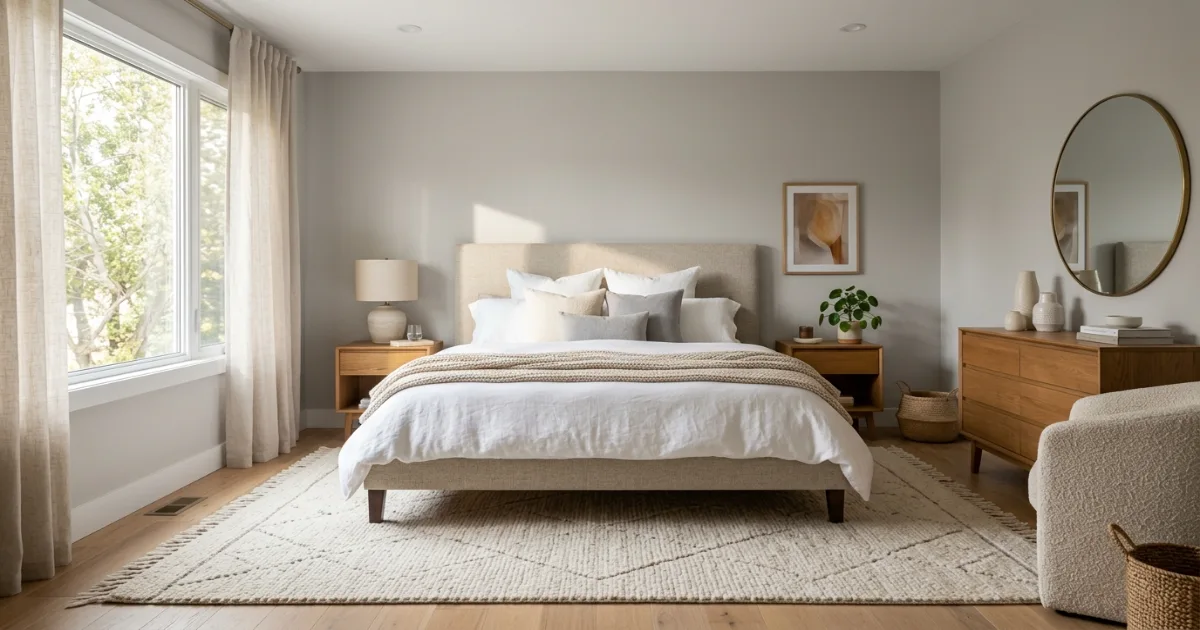 Bedroom rug size guide centered layout under the lower two-thirds of a bed