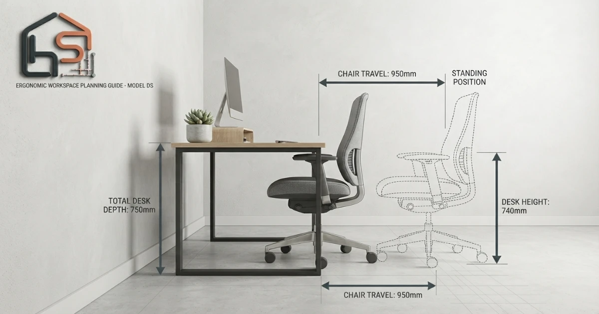 Office rug size diagram showing desk depth and rolling chair pull-back path